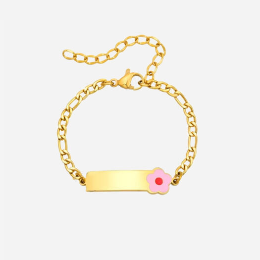 Bracelet gourmette doré pour enfant avec un fleur sur un coin de la gourmette.