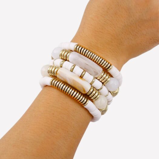 Lot de 5 bracelets en perles plates blanc et doré, style minimaliste