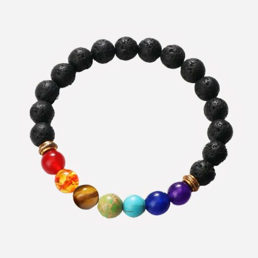 On voit un bracelet noir et coloré. Perles élastique fond blanc.