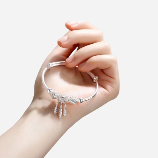 Bracelet breloques en argent pendentif plumes pour femme