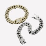 On voit deux bracelets chaine avec des strass sur fond noir.