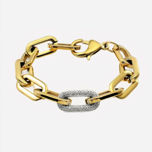 Un bracelet doré en grosses mailles avec un maillon en strass argenté