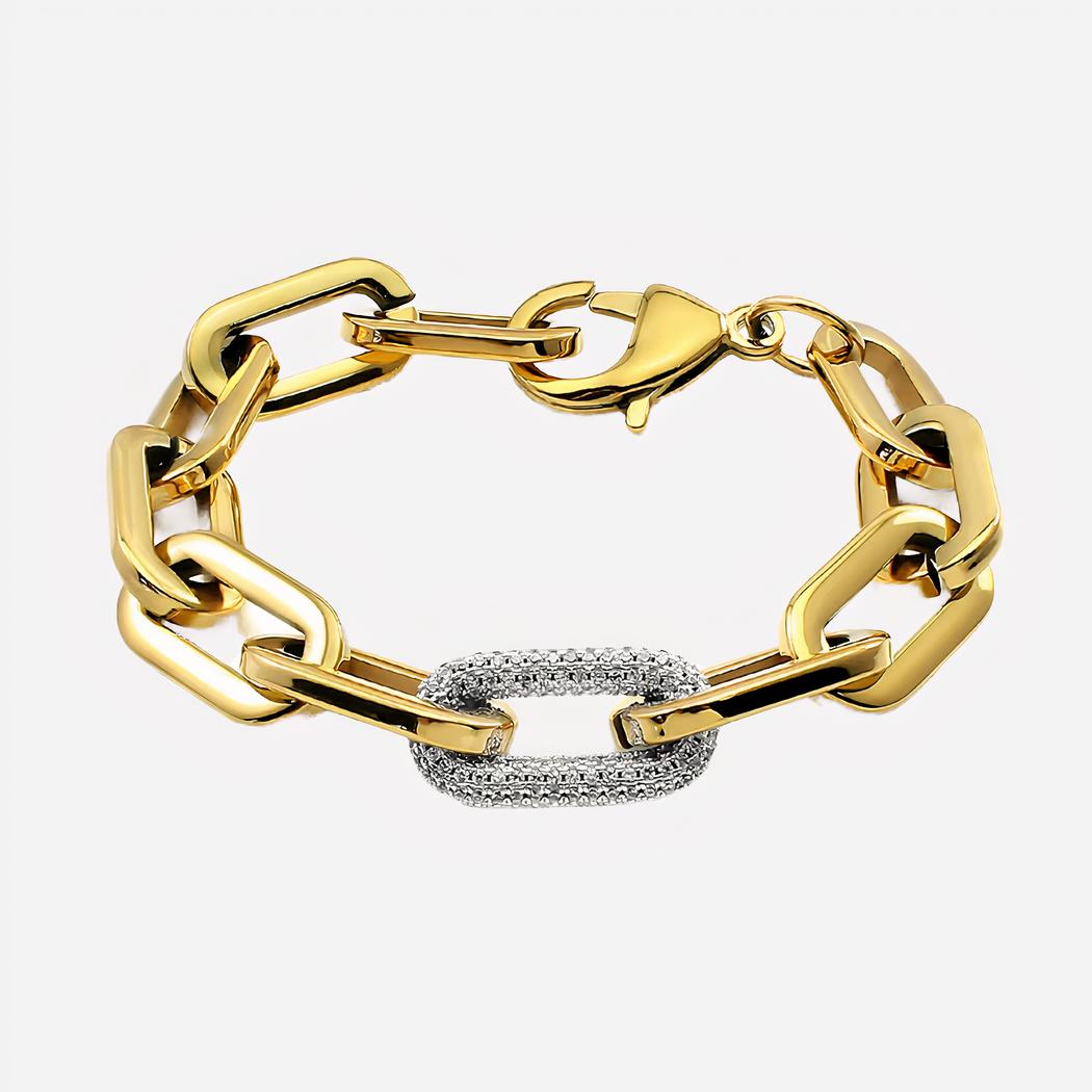 Bracelet en grosses mailles ovales dorées ou argentées pour femme Un bracelet doré en grosses mailles avec un maillon en strass argenté
