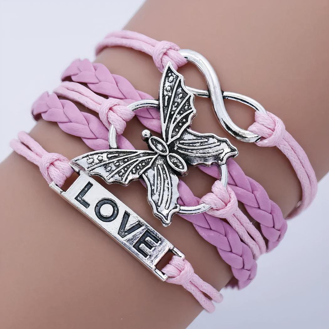 Bracelet fantaisie aux cordons de cuir, un papillon et un love argenté pour femme