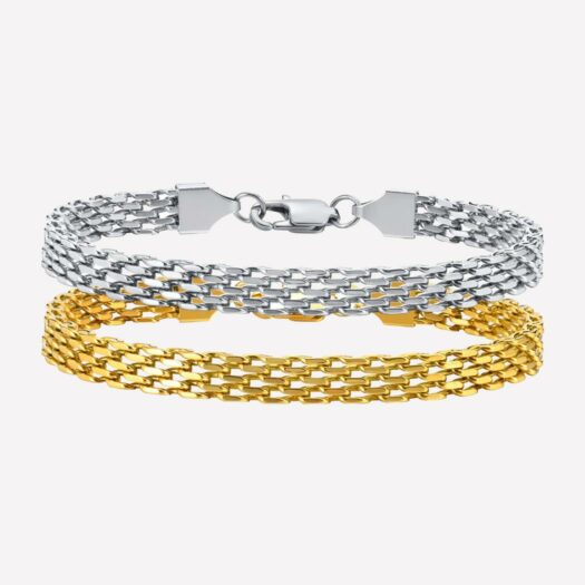 Deux bracelets maille fine sur fond blanc.