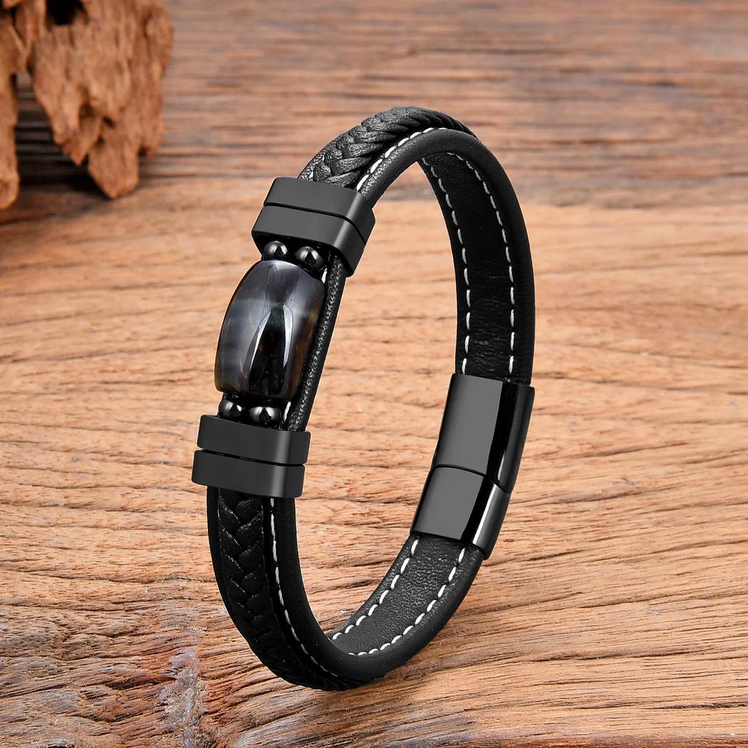 Bracelet oeil de tigre homme cuir et pierre naturelle en trois couleurs - Bleu, M