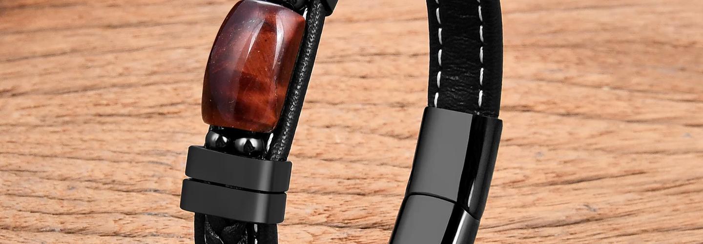 Bracelet oeil de tigre homme cuir et pierre naturelle en trois couleurs - Rouge, S