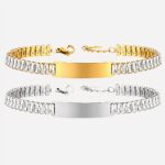 Photo de deux bracelets gourmette pour femme l'un argenté et l'autre doré agrémentés de zircons sur chaque maillon, fermoir homard réglable et plaque d'identité, le tout sur un fond blanc