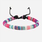 Bracelet rond en corde rose, bleu, violet, blanc fermé par un noeud noir