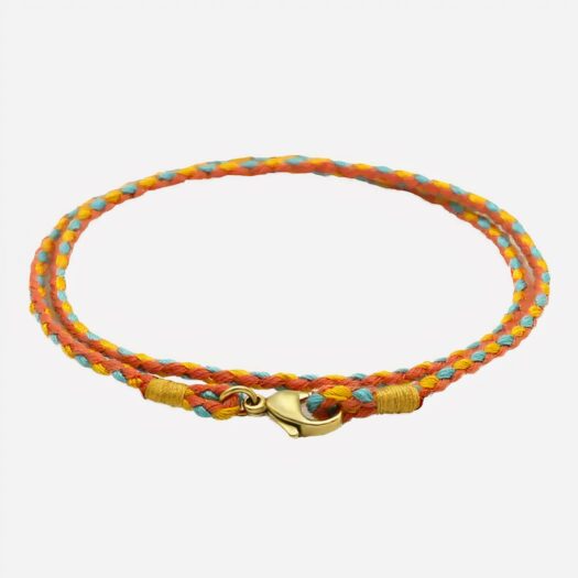 Double bracelet en corde rond, orange et verts fermé par un fermoir doré