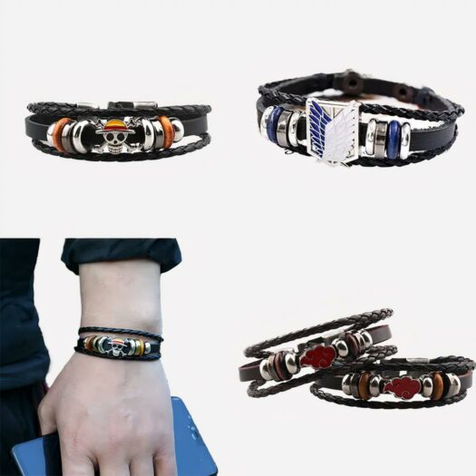 Bracelets vus de différentes manières, sur fond blanc, ou porté au poignet.