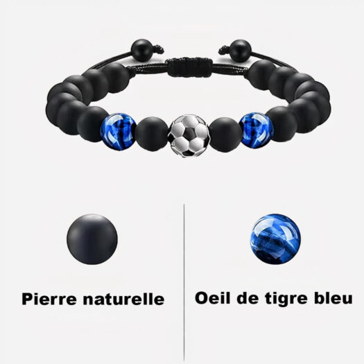 Photo d'un bracelet oeil de tigre pierre bleue pour enfant et ballon de foot avec pierres naturelles noires, en bas les deux perles de pierres