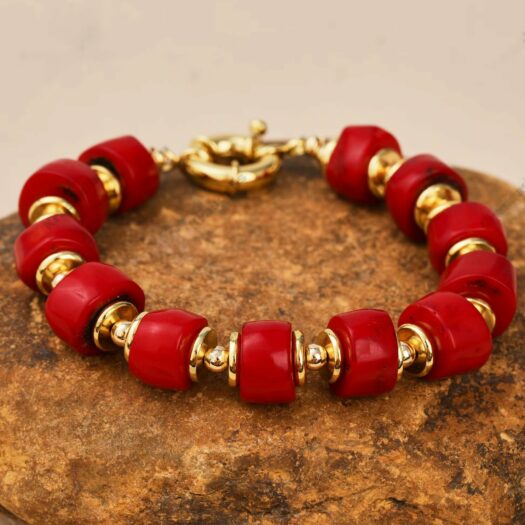 Bracelet rouge et doré large grosses perles